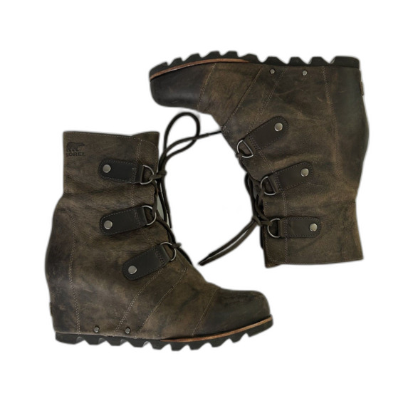Sorel Womens Bootie Size 10 Dark Brown Joan Of Arctic Leather Wedge Boot Lace Up - Picture 1 of 12